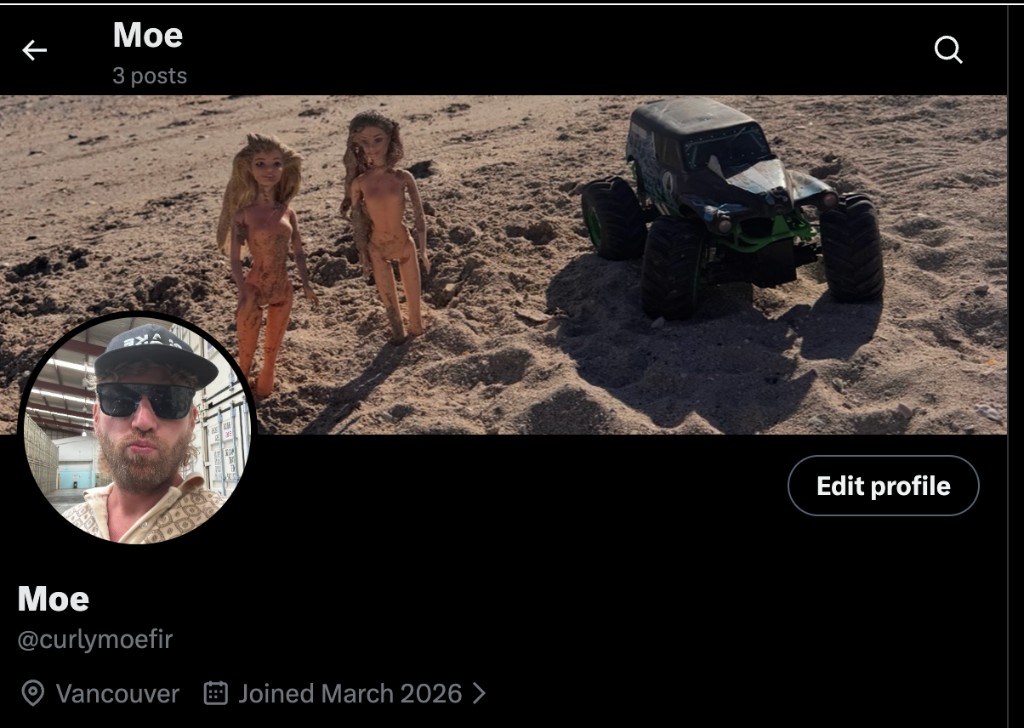 X profile screenshot for Dave Henderson as Moe @curlymoefir — banner, avatar, and profile details