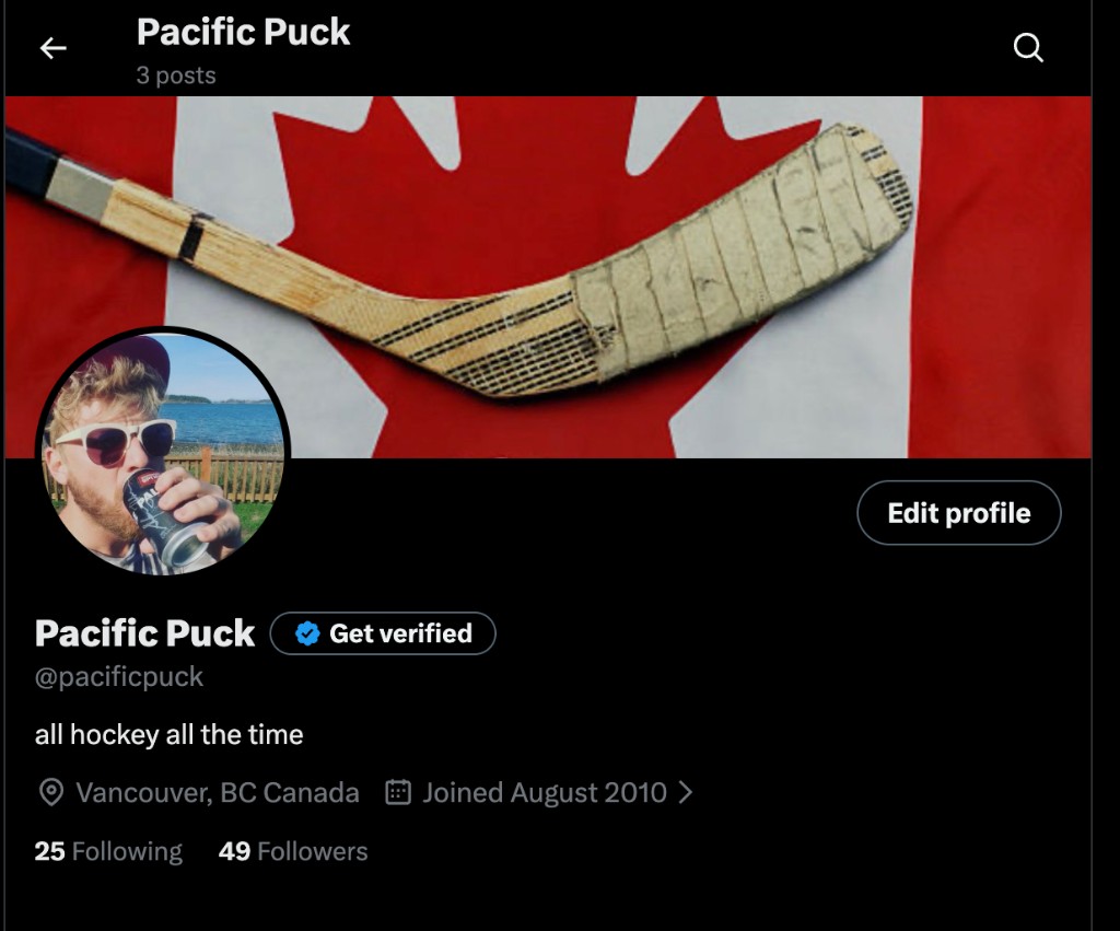 X profile screenshot for Jordan Fraser as Pacific Puck @pacificpuck — hockey-themed header, avatar, and bio