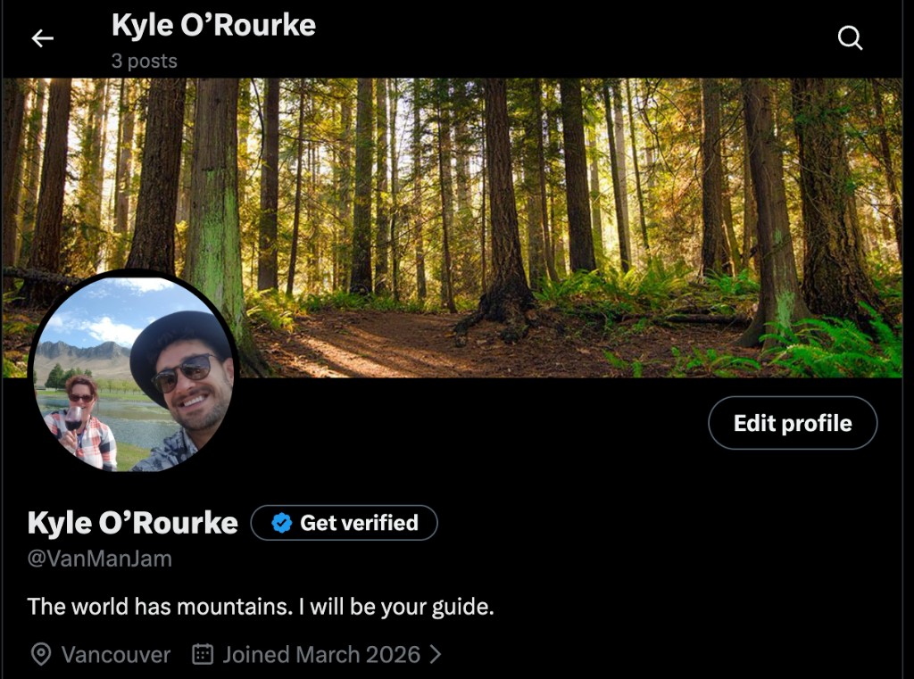 X profile screenshot for Kyle O’Rourke @VanManJam — forest header, avatar, and bio