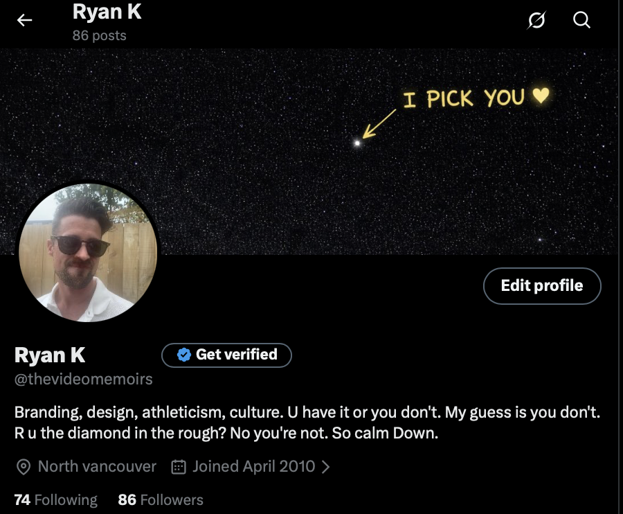 X profile screenshot for Ryan Kowalski @thevideomemoirs — photo, header, and bio