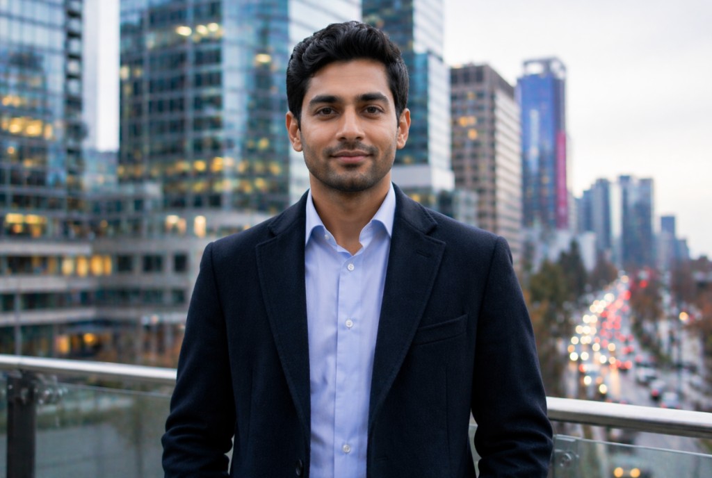 Professional headshot of Sukh Patel in a navy blazer and light blue shirt, with a blurred city skyline at dusk behind him.