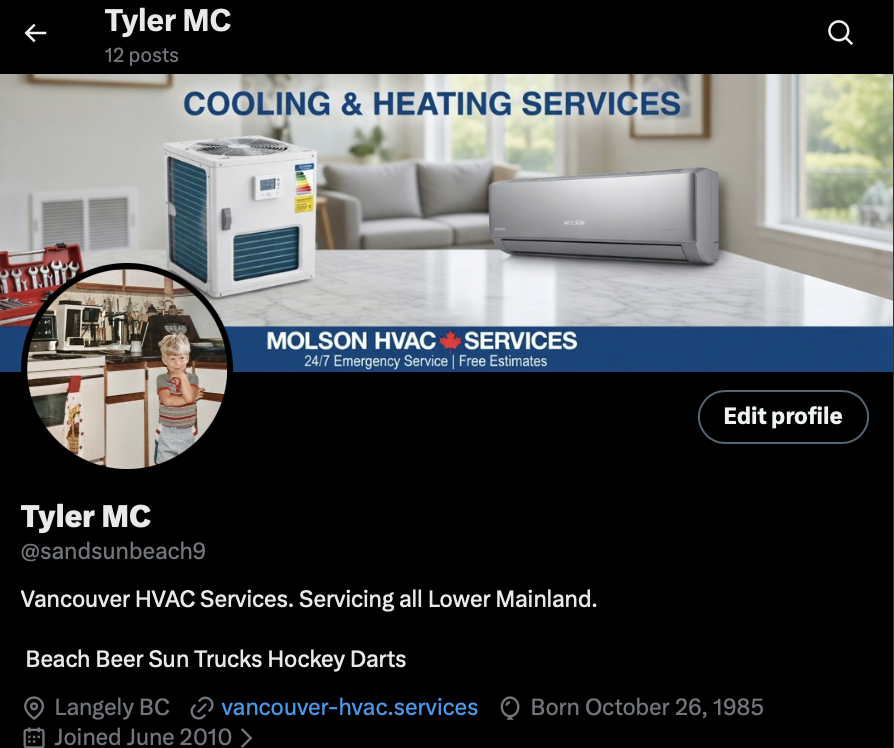 X profile screenshot for Tyler McKenna @sandsunbeach9 — HVAC banner, avatar, and bio